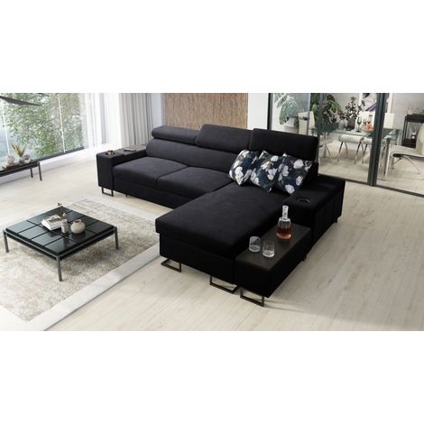 Luxuriöses, komfortables, modernes Ecksofa MELODY I MINI mit Usb und Regal Sawana Schwarz Rechts (1/5)