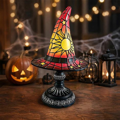 Lampe chapeau de sorcière vitrail gothique résine Halloween, veilleuse USB décoration vintage rouge (1/5)