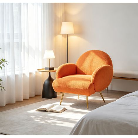 Fauteuil d'appoint sherpa orange - Fauteuil salon tendance - Fauteuil relax en tissu bouclé sherpa - Pieds métalliques dorés - Fauteuil déco chaleureux pour intérieur (1/5)