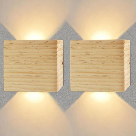 2Paire Applique Murale LED Intérieur 7W,Bois 3000K Carrée Blanc Chaud Décor (1/5)