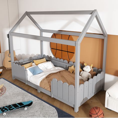 letto 90x200 casetta con sponde e tetto in legno grigio OKMYHOME (1/5)