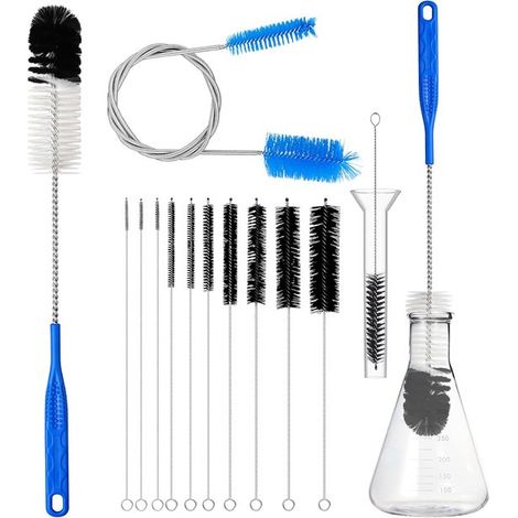 Juego 12 cepillos tubos vidrio, pajita nailon embudos botellas vidrio, 43 cm, cepillos 20,8 cm varios diámetros, manguera flexible cara 89 cm (1/4)