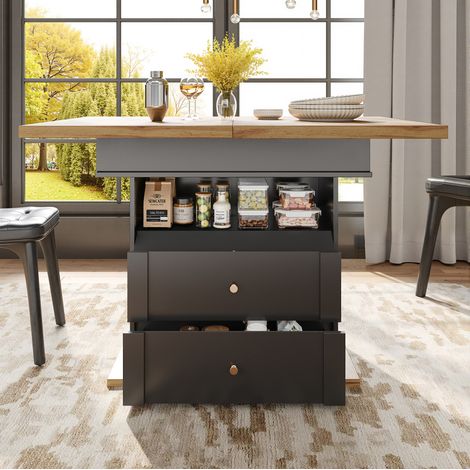 Ausziehbarer Esstisch 110-140x80x75 cm schwarz/naturfarben aus MDF mit Stauraum und Soft-Close (1/5)
