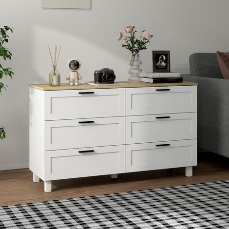 Cassettiera da camera da letto con 6 cassetti, gambe in legno, ideale per soggiorno o ufficio, 120x38x71 cm, bianca.