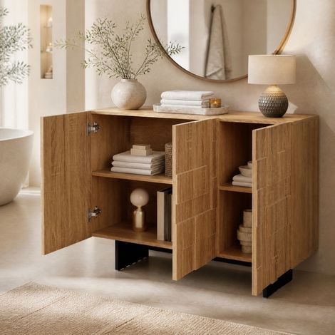 Credenza a 3 ante con ripiani regolabili, 105 x 33,5 x 76 cm, naturale e nero DESVIAE (1/5)