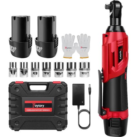 Clé à Cliquet Sans Fil 3/8'', Trousse à outils pour clé à angle droit 90°, 12V Électrique cliquet Clé avec lampe de travail à LED, 300RPM 40Nm Clé à cliquet, 2x1,5Ah batteries Charge rapide, 7 prises