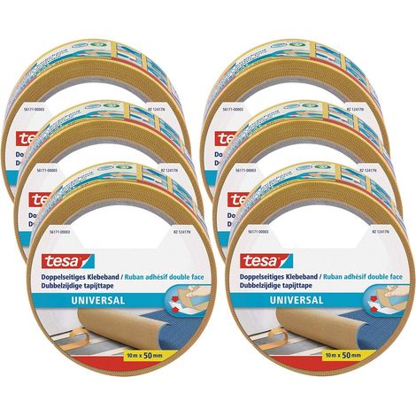 tesa Nastro biadesivo universale, in confezione da 6 pezzi, nastro adesivo versatile per imballaggi, decorazioni e tappeti o fai da te, 6 rotoli da 10 m (1/4)