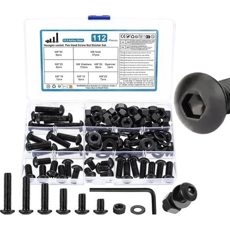 112 Pcs Vis et écrous, M8 Vis Boulons et écrous, Vis et Boulon et Rondelles Set, Vis à Tête Hexagonale, Assortiment Kit, Visserie Boulons Vis à Six Pans Creux à Tête Ronde pour Réparation, Noirs (1/5)