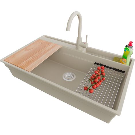 PRIMAGRAN Evier Cuisine en Granit 88x53cm,Lavabo 1 bac + Robinet 32x20cm + Kit de Vidage + Accessoires, Évier à Encastrer au meuble 90cm - Oslo Pocket, Beige (1/5)