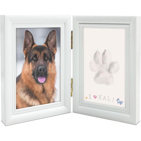 Grand cadre photo empreinte de patte pour chien ou chat - Kit en pâte à modeler et cadre photo en bois blanc (1/4)