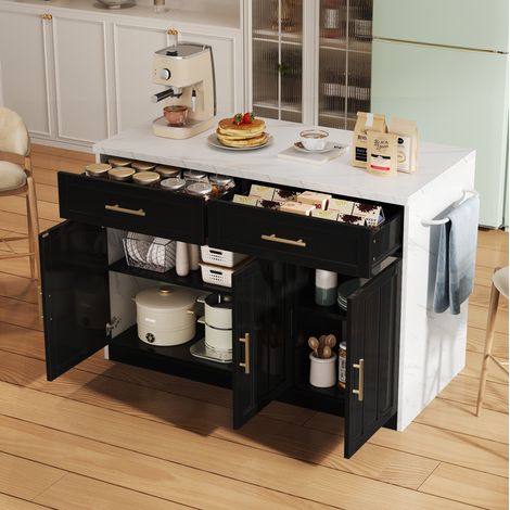 Isla de cocina 120/60/91 cm negra con barra, cajones, puertas y puertos USB (1/5)