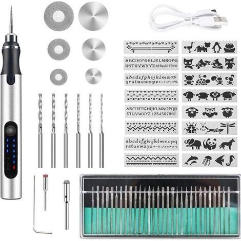 Stylo graveur électrique sans fil, kit d'outils de gravure rechargeable par USB, adapté aux bijoux, au verre, au plastique, au bois et au métal. (1/5)