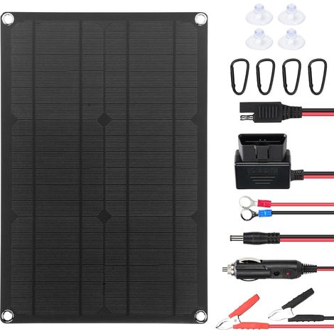 Chargeur de batterie solaire de voiture, kit de panneau solaire 12 V 20 W, panneau de charge solaire portable avec boîtier de commande et câbles de conversion SAE pour voiture, camping-car, moto (1/5)