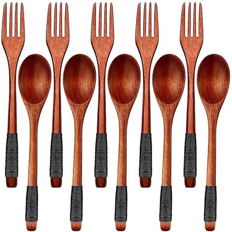 Ensemble de cuillères et fourchettes en bois de style japonais, couverts réutilisables (cordons noirs, 10 pièces) (1/5)