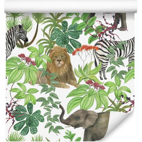 Papier peint animaux sauvages et feuilles pour salon et chambre 50x1000 cm (1/5)