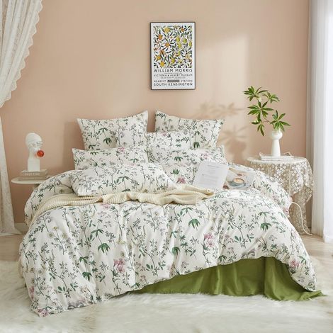 Bettwäsche-Set 155x220 cm Baumwolle Botanisch Grün Weiß mit 2 Kissenbezügen 80x80 cm