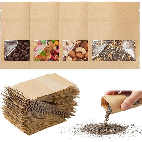 Sachet Kraft avec Fenetre, 7x9CM Sachet Kraft Zip Marron Sachets Krafts Petits Sachets de Graines Papier Kraft pour Noix, Nourriture, Bonbons (1/3)
