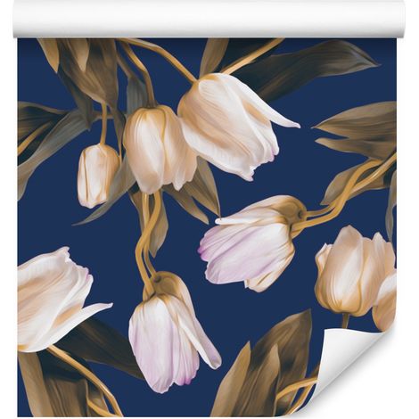 Papel pintado con tulipanes primaverales pintados para salón y dormitorio, 50x1000 cm. (1/5)