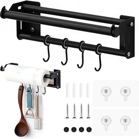 Porte Sopalin Mural en Acier Carbone - Multifonction Porte-serviettes en Papier avec 4 Crochets Solides & Installation Sans Perçage - pour Cuisine/Salle de Bain (30cm, Noir) - Kit Complet Inclu (1/5)