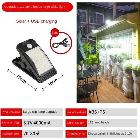 (Lumière blanche 112 LED) Nouvelles lampes solaires à pince pour extérieur, cour, jardin, terrasse, applique murale ultra-lumineuses à détection de présence humaine (1/5)