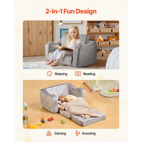 Canapé pour Enfants 2-en-1 Convertible en Chaise Longue, Canapé-lit Pliable et Moelleux, avec Accoudoirs, en Éponge 28D et Poils Courts, Sofa Tout-petits pour Chambre d’Enfants, Gris, M (1/5)