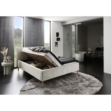 Meise Möbel Stauraumbett Riva 180x200 cm Doppelbett Bettkasten & Lattenrost (Federholzrahmen) Webstoff Beigegrau Holzfuß eichefarbig (1/5)