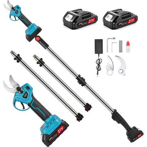 Sécateur électrique sans fil 35mm, perche télescopique 2,6 m, 2x2,0Ah, LCD Perche alu 2,6 m coupe 25/35 mm tête 180° écran LCD + 2x2,0Ah taille arbres, vigne, haies (1/5)