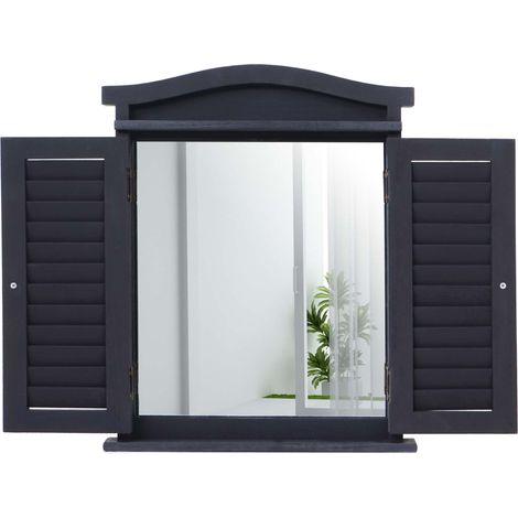 Décoshop26 – Miroir mural en bois de paulownia gris foncé avec volets – Dimensions 53x42x5cm – Surface miroir 37x34cm – 40003705