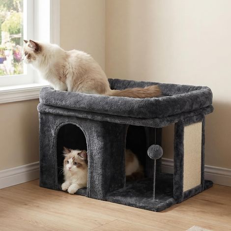 Arbre à Chat, Tour de 35 cm avec Grande Plateforme de Repos et Cabane pour Chats Adultes d'Intérieur, Poteaux à Griffes et Balle à Ressort Interactive Inclus, Gris Fumé HCT203SG (1/5)