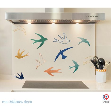Fond de hotte : Oiseaux aquarelles - Verre trempé - 90 cm - 60 cm (1/5)