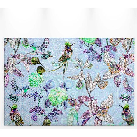 Tableau été fleuri vert et violet | Tableau sur toile style bucolique pour salon et chambre | Tableau fleur et oiseau multicolore 0,9 x 0,6 m (1/5)