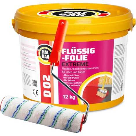HALBAU Flüssigfolie Extreme Badabdichtung Dichtmembran Dichtfolie + Farbroller 25cm D02 - 12KG