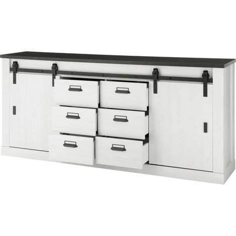 Sideboard Kommode SHELTON-61 in Pinie weiß Nb. mit anthrazit, B/H/T: ca. 201/91/43 cm (1/5)
