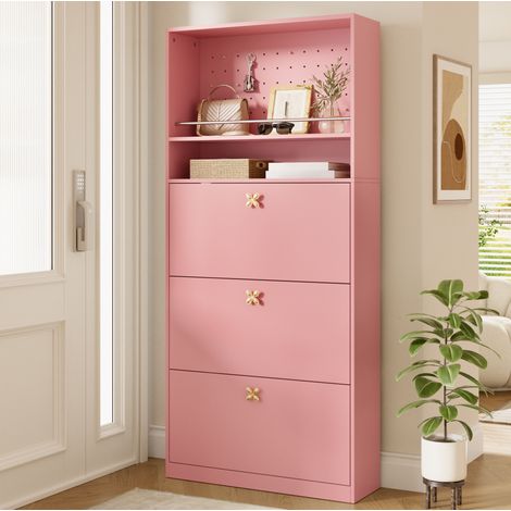 Zapatero moderno estrecho rosa con 3 puertas abatibles y 2 estantes abiertos, 80 x 24 x 178,5 cm (1/5)