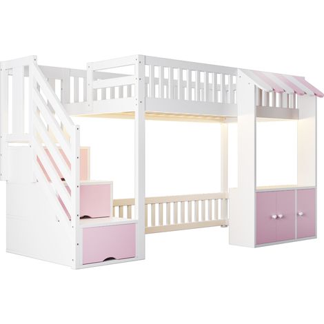 Letto a soppalco 90x200 cm in legno con scala contenitore e LED multicolore rosa bianco (1/5)