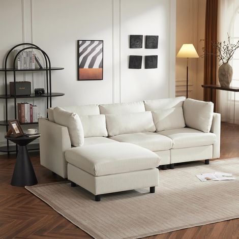Canapé d’angle moderne 3 places avec pouf, sofa rembourré en L pour salon ou appartement (beige)