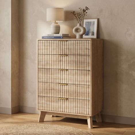 Cassettiera per camera da letto, 73x40x108 cm, 5 cassetti contenitori, antiribaltamento, in legno, moderna texture scanalata, legno naturale (1/5)
