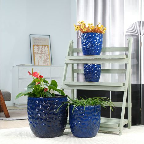 Vaso rotondo Ø38 cm in ceramica blu navy con drenaggio, da interno e giardino – MEUBLIV (1/5)