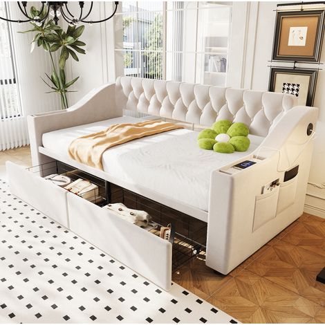 Letto imbottito beige 90x190 cm con contenitore, USB, schienale e rete a doghe