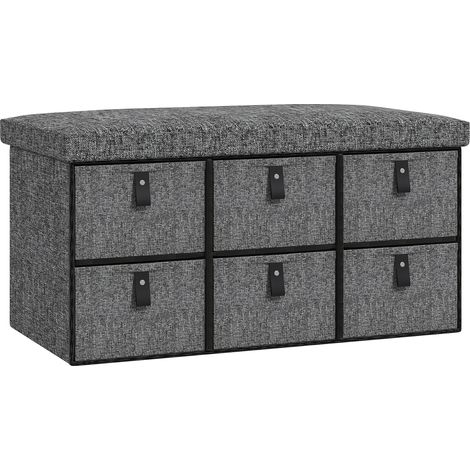 Banquette à chaussures rembourré, gris ManBo, aspect lin, cadre en MDF, 6 compartiments pour chaussures