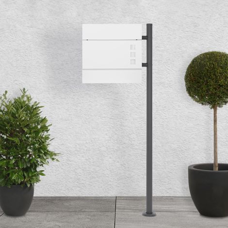 ECD Germany Standbriefkasten mit Zeitungsfach, Design Briefkasten mit Pfosten, Briefkastenanlage, Briefkastenständer Anthrazit 120cm Edelstahl, Postkasten Weiß 37x10,5x36,5cm Stahl pulverbeschichtet (1/5)