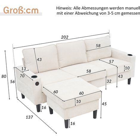 L-förmiges Ecksofa 202x137x80 cm aus Leinen, Beige, mit USB & Getränkehaltern – MEUBLIV (1/5)