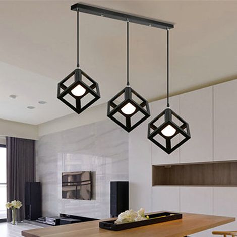 – Lustre suspension industrielle E27 Ø22cm – Cage cube carré en métal noir – 3 lampes – Longueur ajustable 50cm – Convient pour cafés et salons (1/5)