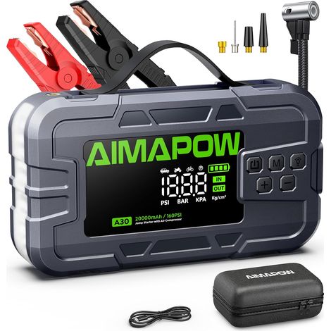 Booster Batterie Voiture 8000A,  Démarreur Batterie Voiture avec Compresseur d'air 160PSI, Jump Starter 12V pour Tous Moteurs Essence et Diesel 12L, Gonflage Auto, Écran LCD, LED 600LM (8000) (1/5)
