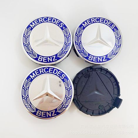 Lot de 4 cache-moyeux compatibles Mercedes-Benz – Pour C180, C200, E260, E300, S350, ML350 – Diamètre 75 mm – Bleu foncé – Étoile avec couronne de laurier (non collection)