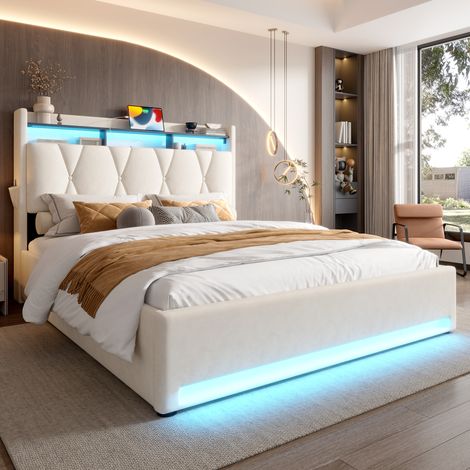 Lit rembourré 140 x 200 cm avec LED, ports USB et Type-C, tête de lit avec rangement, coffre sous lit avec système hydraulique, beige, sans matelas