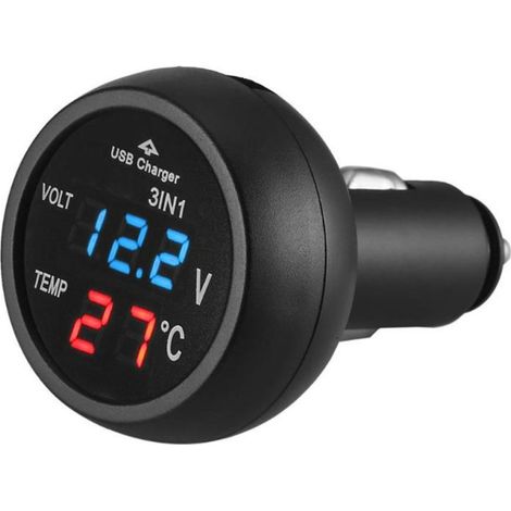 Multifunktionales digitales 3‑in‑1‑Gerät: Voltmeter, Thermometer und USB‑Ladegerät für das Auto.