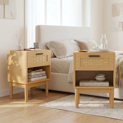 2er-Set Nachttische mit Rattan-Schublade und offenem Fach, Beistelltisch 40x30x55 cm für Schlafzimmer & Wohnzimmer - Natur (1/5)