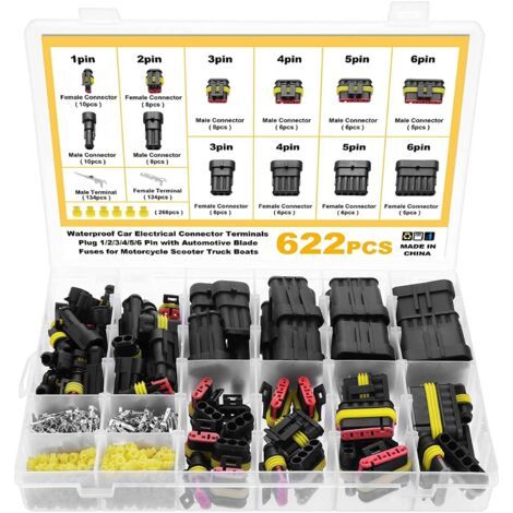 622 Pièces Imperméable à l'eau Connecteurs, Connecteurs Étanches pour Voiture à 1/2/3/4/5/6 Broches mâle/femelle avec fusibles à lame automobile pour Bateaux Camion Scooter Moto, 23-16AWG (1/5)