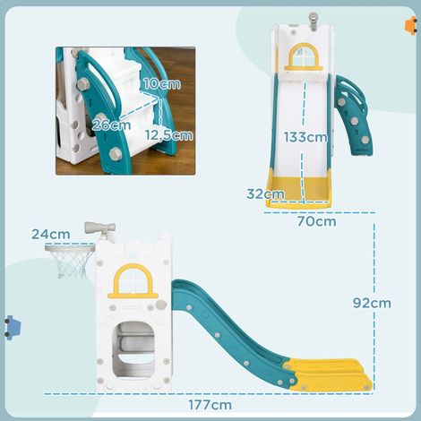 Toboggan enfant 4-en-1 avec panier de basket, échelle télescopique et structure d'escalade, jaune, 70x177x92 cm, jeu polyvalent pour jardin intérieur et extérieur (1/5)